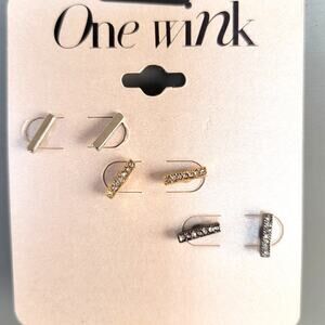 One Wink Earring Set of 3 Bar Stud Gold Silver Black Tone Crystal 10mm, Gift Bag